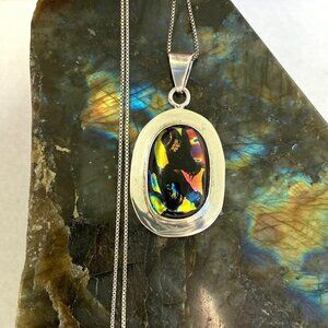 Sterling Silver 925 Oval Multi Color Dichroic Glass Pendant Necklace 18" Chain